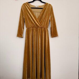 Golden velvet dress ~ See And Be Seen plunge v-neck & empire waist & 3/4 sleeves